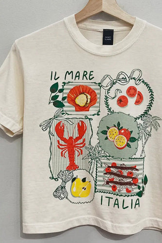 Beige t-shirt with Italian-themed graphics and text on a gray background