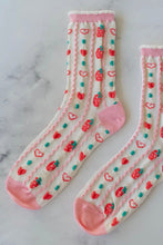 Load image into Gallery viewer, Pair of socks with strawberry and heart pattern on a marble background