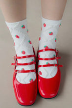 Load image into Gallery viewer, Red shoes with white socks featuring red strawberry patterns on a neutral background