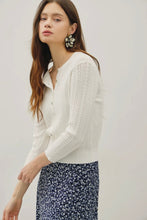 Load image into Gallery viewer, Woman wearing a white knit cardigan over a floral dress on a plain background