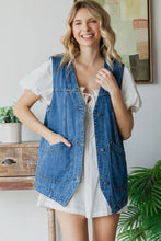 Load image into Gallery viewer, Woman wearing a denim vest over a white dress in a home setting