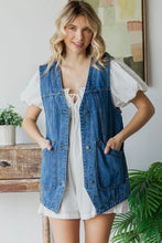 Load image into Gallery viewer, Woman wearing a denim vest over a white dress in a home setting
