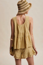 Load image into Gallery viewer, A woman shown from the back wearing a matching two-piece linen set in a warm mustard yellow color, consisting of a sleeveless tiered top and ruffled shorts, paired with a woven straw hat against a solid beige background.