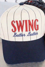 Load image into Gallery viewer, Baseball cap with 'SWING Batter Batter' text on a striped background