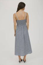 Load image into Gallery viewer, Woman wearing a gray striped dress on a white background