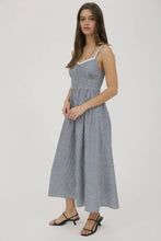 Load image into Gallery viewer, Woman wearing a blue and white striped dress on a white background