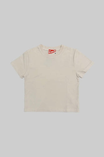 Beige t-shirt with a red and white logo on a light gray background