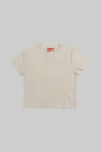 Beige t-shirt with a red and white logo on a light gray background