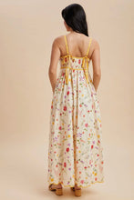 Load image into Gallery viewer, Woman wearing a floral dress with yellow straps on a beige background