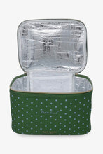 Load image into Gallery viewer, A green insulated lunch bag with white polka dots, shown open with a silver foil-lined interior on a light gray background. The brand name 'kate spade' is visible near the bottom front.