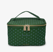 Load image into Gallery viewer, A green zippered lunch bag with a light blue polka dot pattern, featuring a top carry handle, gold-tone zipper, and 'kate spade NEW YORK' branding on the front.