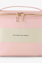 Load image into Gallery viewer, A pink cosmetic bag with a cream horizontal stripe across the front, featuring the text 'SAVE ROOM FOR DESERT' in black. The bag has a top handle, a gold zipper, and gold zipper pulls.