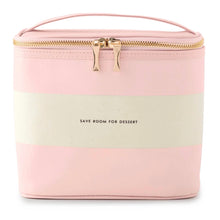 Load image into Gallery viewer, A light pink cosmetic bag with a cream-colored horizontal stripe across the middle, featuring the text 'SAVE ROOM FOR DESERT' in black. The bag has a top zipper with gold-tone hardware and a matching pink top handle, set against a plain white background.