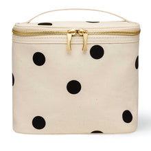 Load image into Gallery viewer, An off-white canvas cosmetic bag with black polka dots and a gold zipper, featuring a top handle.