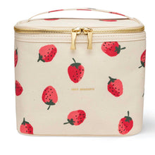 Load image into Gallery viewer, An off-white canvas lunch bag with a gold zipper and handle, decorated with a red strawberry pattern. The brand name 'JUNE DESIGNS' is printed in gold near the center.