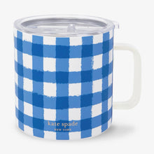 Load image into Gallery viewer, A Kate Spade New York insulated tumbler with a blue and white gingham pattern, featuring a clear plastic lid and a white handle, shown on a light gray background.