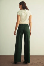 Load image into Gallery viewer, A woman is shown from behind wearing dark green wide-leg trousers and a cream short-sleeve knit top, standing against a plain off-white wall.