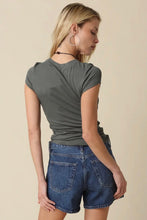 Load image into Gallery viewer, A woman shown from the back wearing a dark gray short-sleeve t-shirt and blue denim shorts against a solid beige background.