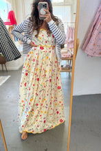 Load image into Gallery viewer, Person wearing a floral dress and striped cardigan in a room with a mirror.