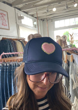 Load image into Gallery viewer, Navy + Pink Heart Trucker Hat