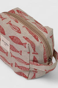 Cosmetic bag with red fish pattern on a light gray background