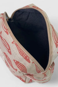 Fabric pouch with red fish pattern on a beige background