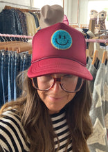 Load image into Gallery viewer, Burgundy + Turquoise Smiley Trucker Hat