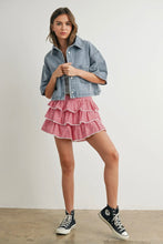 Load image into Gallery viewer, Woman wearing a denim jacket and red checkered skirt with black sneakers on a plain background