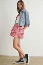 Load image into Gallery viewer, Woman wearing a denim jacket, white top, red checkered skirt, and black high-top sneakers on a plain background