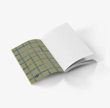 Load image into Gallery viewer, An open lined notebook or journal on a clean white background, showing a green and beige plaid patterned cover on one page and blank white lined pages on the other.