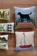 Load image into Gallery viewer, Five decorative throw pillows arranged on a wooden surface, each with a different nautical or outdoor-themed patchwork design: camping motifs, a black dog by the dock, the word LAKE with striped letters, a fish, and a sailboat.