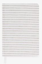 Load image into Gallery viewer, A hardcover notebook with a textured, woven horizontal stripe pattern in light gray and white, shown against a plain white background.