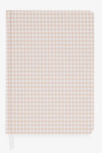 Load image into Gallery viewer, A hardcover notebook with a light beige and white gingham checkered pattern, shown closed on a clean white background.