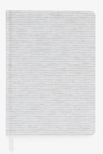 Load image into Gallery viewer, A hardcover notebook with a white cover featuring fine, horizontal gray stripes, shown against a plain white background with a small white ribbon bookmark visible at the bottom.