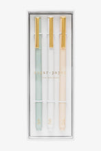 Load image into Gallery viewer, A boxed set of three Sugar Paper Los Angeles fountain pens in pastel mint green, white, and blush pink, each with gold accents, presented in a clear rectangular box on a white background.