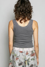 Load image into Gallery viewer, A woman shown from the back wearing a dark gray ribbed tank top with a scalloped neckline and a floral print skirt against a light gray background.