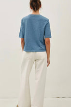 Load image into Gallery viewer, A person shown from the back wearing a short-sleeve blue t-shirt and white wide-leg pants against a plain white studio background.
