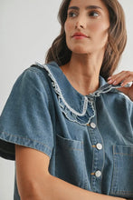 Load image into Gallery viewer, Woman wearing a denim dress with lace collar against a plain background