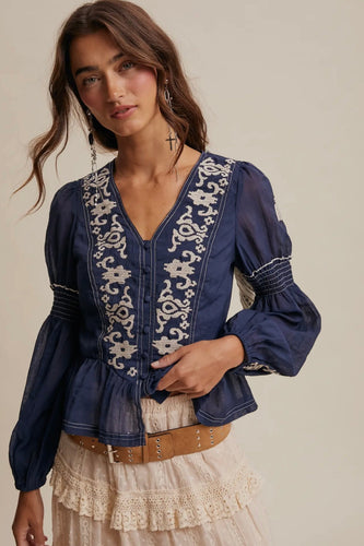 Woman wearing a blue embroidered blouse with a beige background