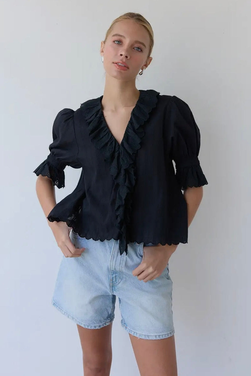Woman wearing a black ruffled blouse and light blue shorts against a plain background