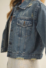 Load image into Gallery viewer, Denim jacket with a pocket detail on a neutral background