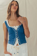 Load image into Gallery viewer, Woman wearing a blue denim vest over a white top and pants against a neutral background