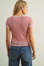 Load image into Gallery viewer, Person wearing a pink t-shirt with white trim and blue jeans on a plain background