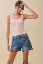 Load image into Gallery viewer, Woman wearing a pink tank top and denim shorts against a beige background