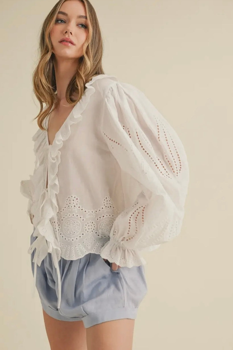 Tie Front Eyelet Ruffled Top