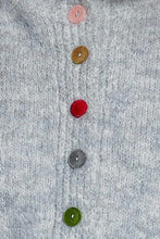 Load image into Gallery viewer, Close-up of a light gray textured knit garment with a vertical row of colorful round buttons in pink, gold, red, gray, and green.