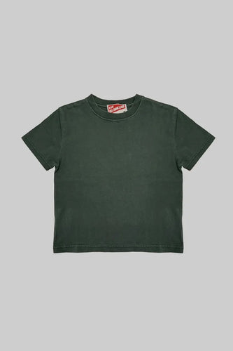 Green t-shirt with a brand logo on a gray background