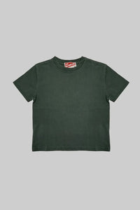 Green t-shirt with a brand logo on a gray background