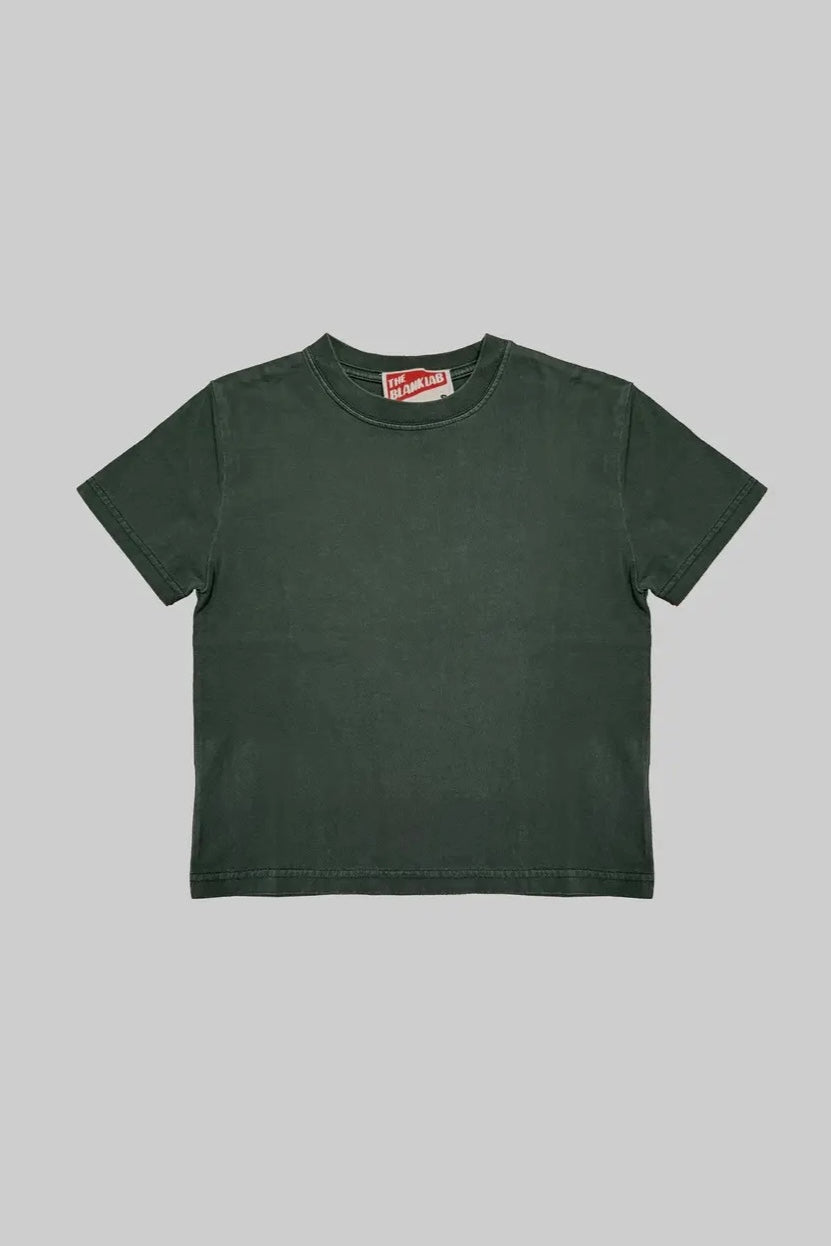 Green t-shirt with a brand logo on a gray background