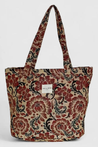 Floral patterned tote bag on a light gray background